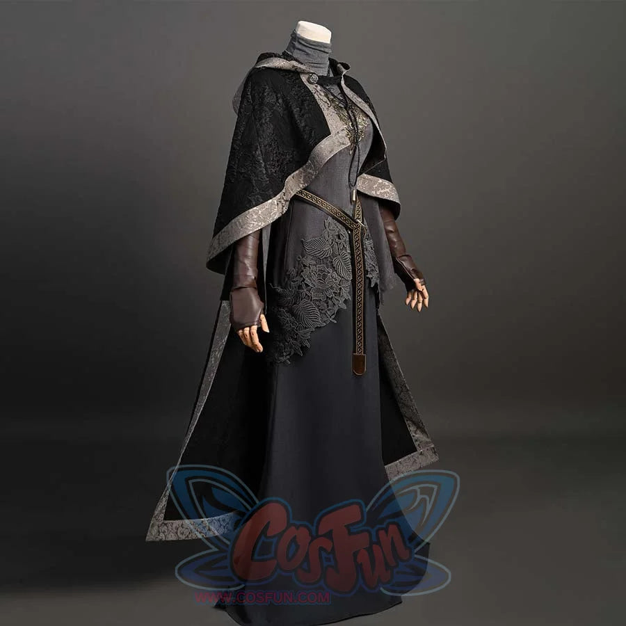 Highlights side of cosplay outfit. Draped gray suede transitions to smooth leather sleeves. Asymmetric belt guides eye; lace hem softens lines.