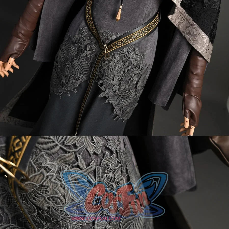 Shows close-ups of the gray top’s gold-embroidered, lace-like neckline and the black beaded accessories.