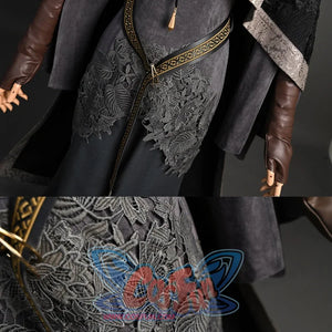 Shows close-ups of the gray top’s gold-embroidered, lace-like neckline and the black beaded accessories.