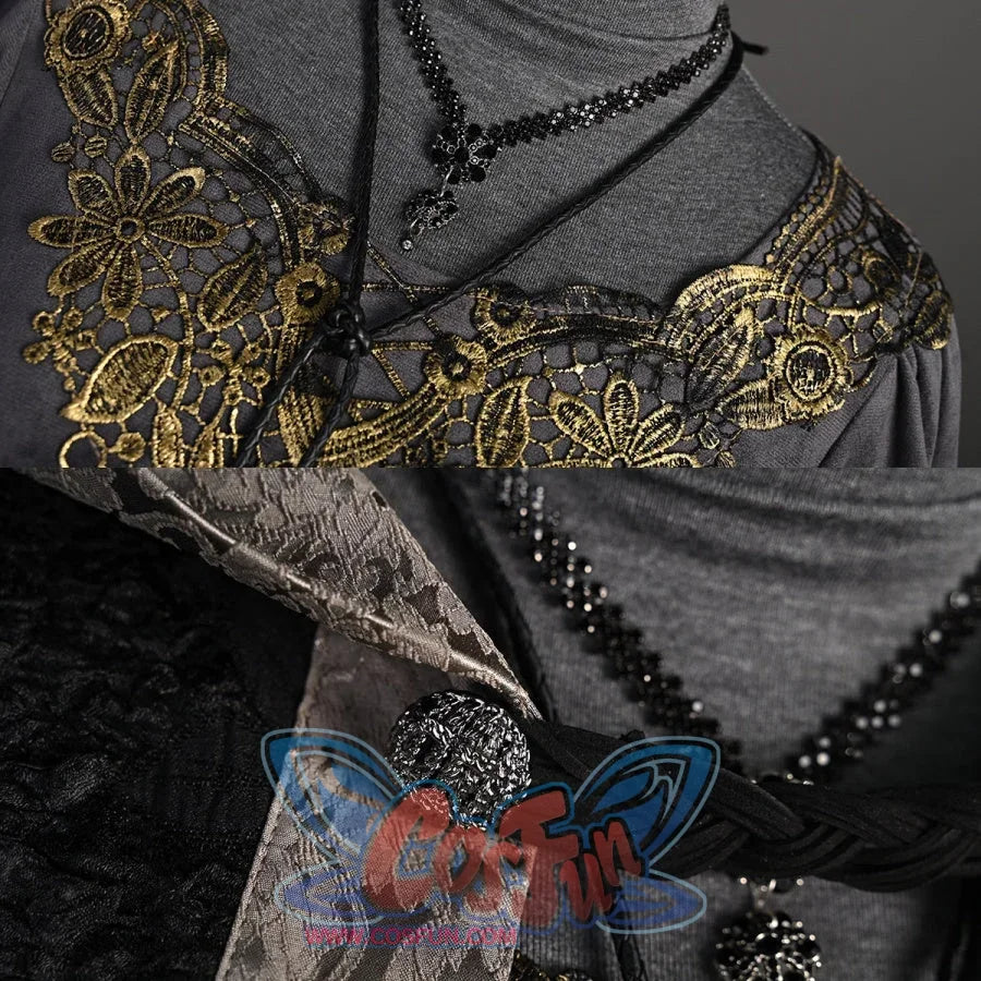 Shows close-ups of the gray top’s gold-embroidered, lace-like neckline and the black beaded accessories.