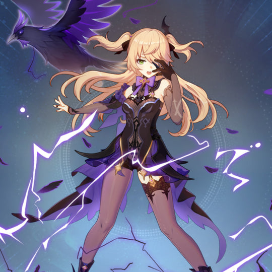 COSFUN Genshin Impact Fischl cosplay dress layers black purple fabric anchored by gold trims and bat wing clip.