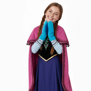 Child wearing a Frozen Anna cosplay costume with a purple cape and blue gloves on a white background