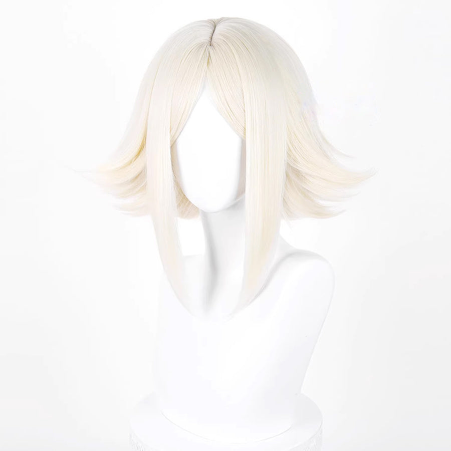 GACHIAKUTA Eishia cosplay wig angled view showing platinum blonde layered short bob style