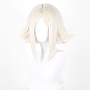 GACHIAKUTA Eishia cosplay wig angled view showing platinum blonde layered short bob style