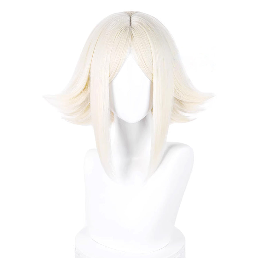 GACHIAKUTA Eishia cosplay wig front view, short platinum blonde bob with flared ends