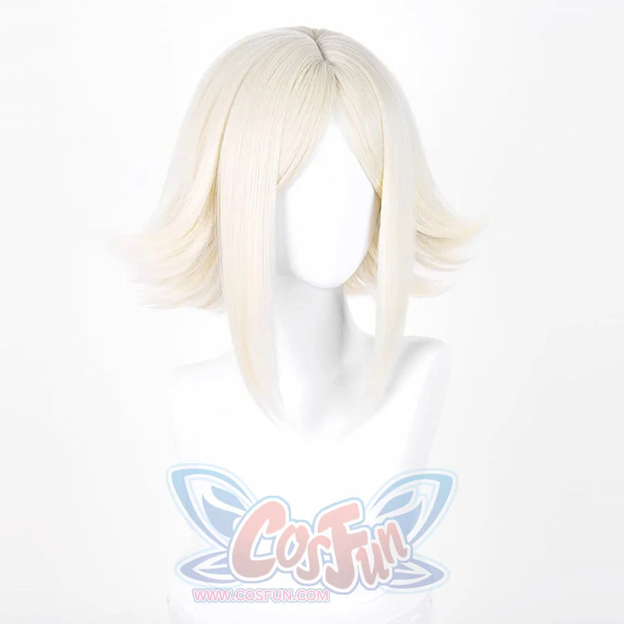 GACHIAKUTA Eishia cosplay wig side view displaying the short platinum blonde flared ends