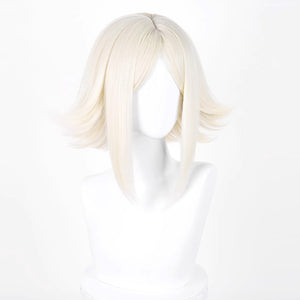 GACHIAKUTA Eishia cosplay wig side view displaying the short platinum blonde flared ends