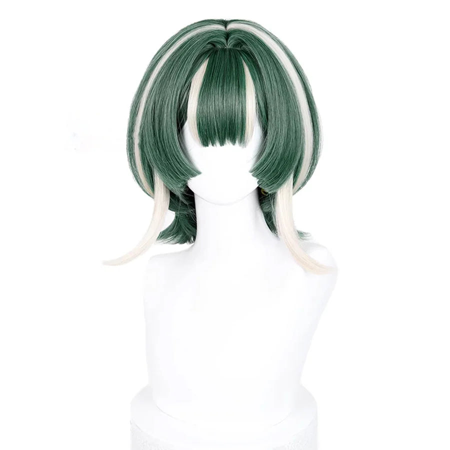GACHIAKUTA Guita cosplay wig front view, short green bob with cream highlighted streaks