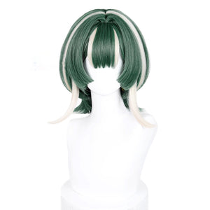 GACHIAKUTA Guita cosplay wig front view, short green bob with cream highlighted streaks