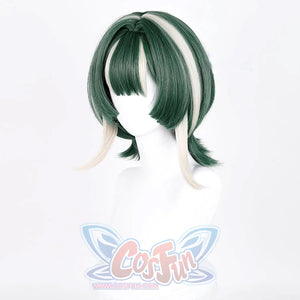 GACHIAKUTA Guita cosplay wig side view highlighting cream streaks against the dark green short hair