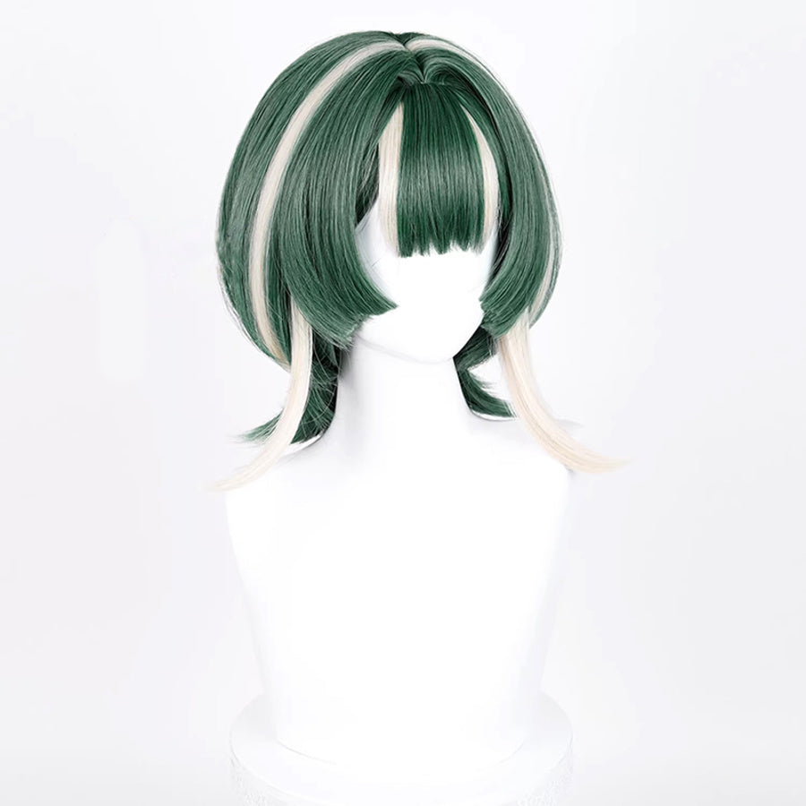GACHIAKUTA Guita cosplay wig three-quarter view, green bob with cream highlight streaks on sides