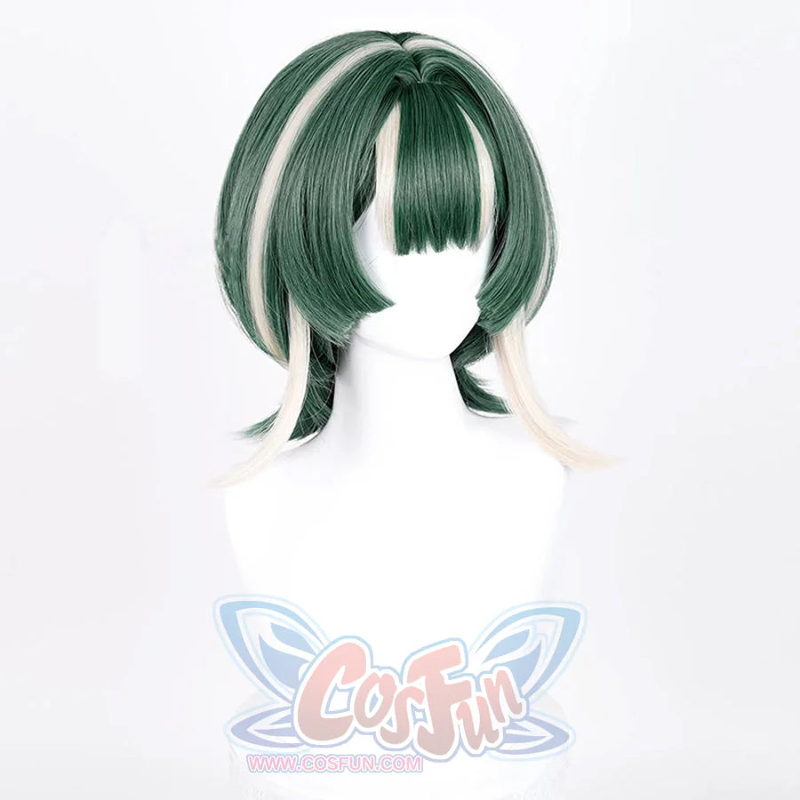 GACHIAKUTA Guita cosplay wig three-quarter view, green bob with cream highlight streaks on sides