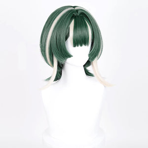 GACHIAKUTA Guita cosplay wig three-quarter view, green bob with cream highlight streaks on sides