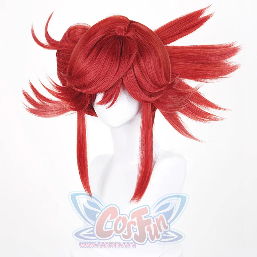 GACHIAKUTA Riyo cosplay wig front view, short red spiky hair with two long straight pigtails