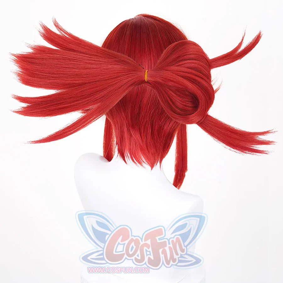 GACHIAKUTA Riyo cosplay wig back view showing red bun with orange clip and spiky hair
