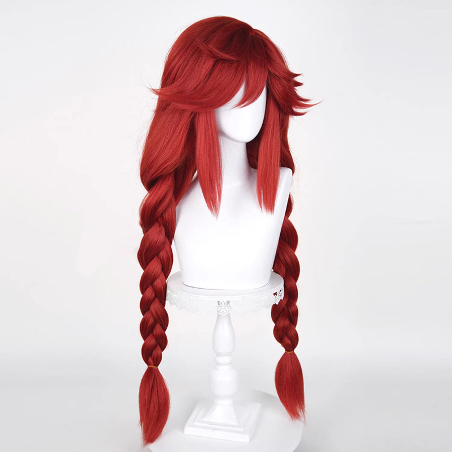 GACHIAKUTA Riyo cosplay wig front view, long red hair with two thick braids on mannequin