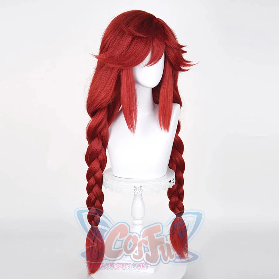 GACHIAKUTA Riyo cosplay wig front view, long red hair with two thick braids on mannequin