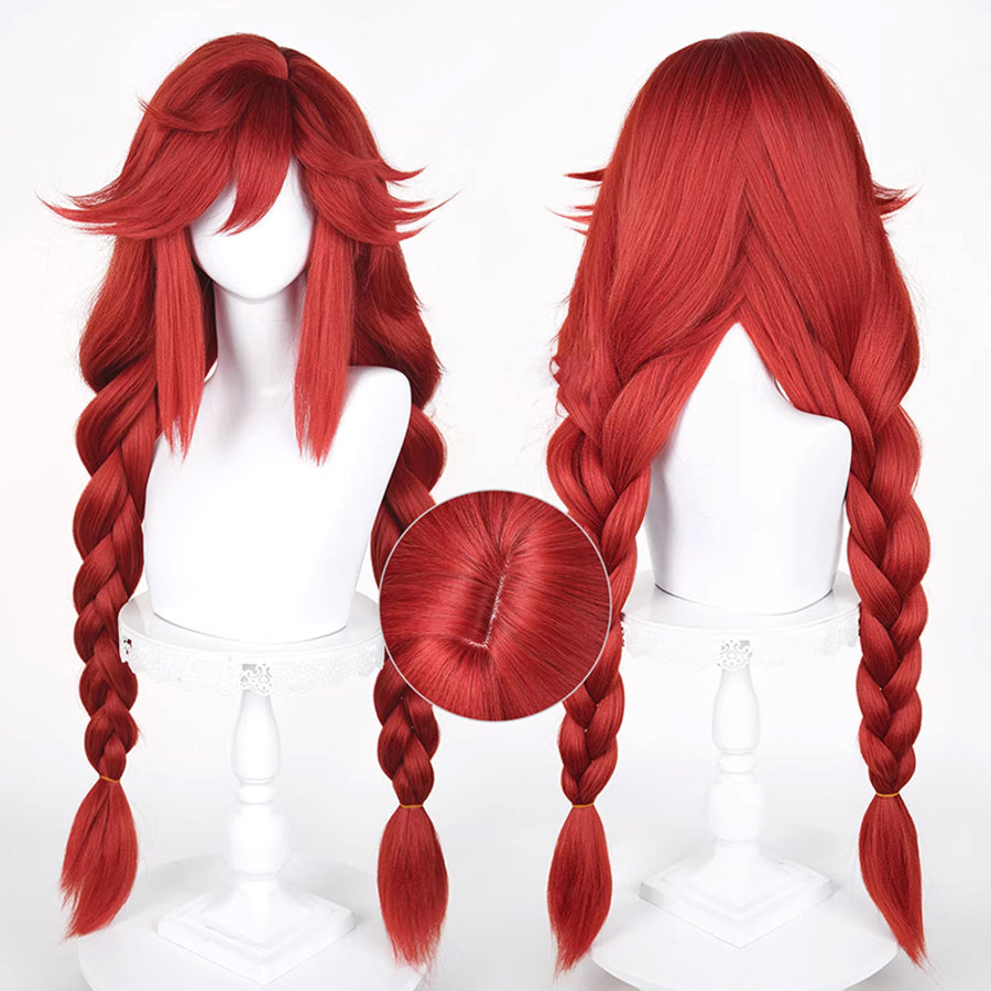 GACHIAKUTA Riyo cosplay wig front, back, and cap detail showing long red braided hair construction