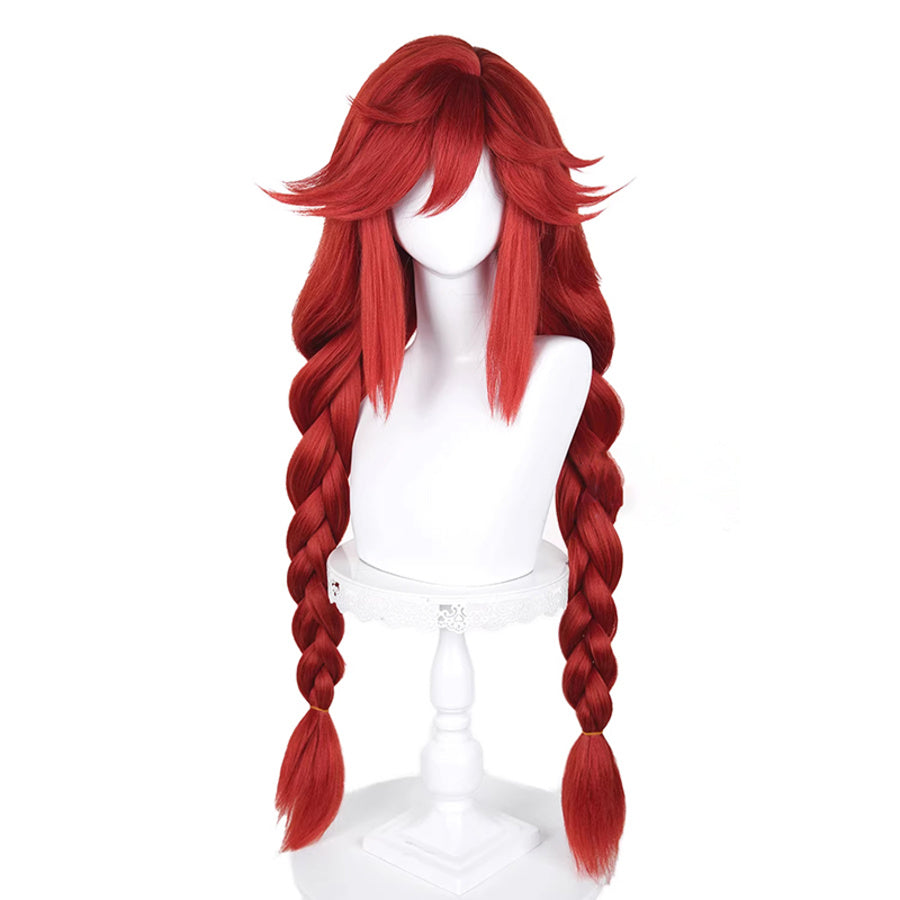 GACHIAKUTA Riyo cosplay wig front view, long red hair with two thick braids on mannequin