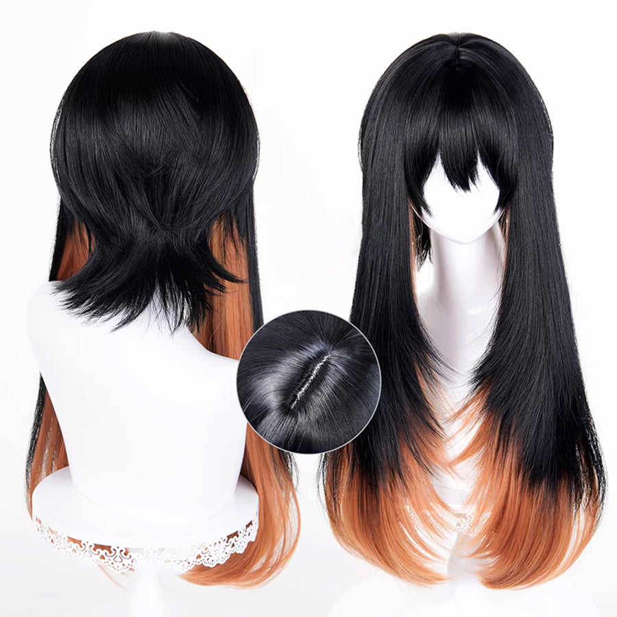 GACHIAKUTA Amo cosplay wig displayed front and back with a close-up of the wig cap construction