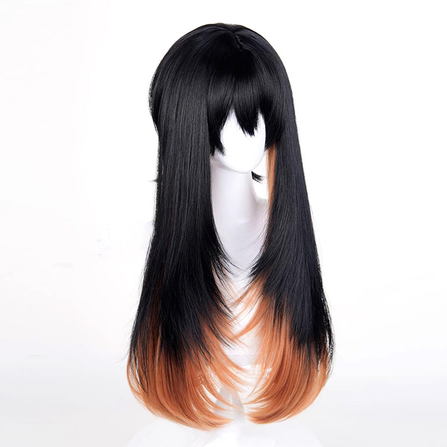 GACHIAKUTA Amo cosplay wig showing long straight black to copper brown ombre hair, side view