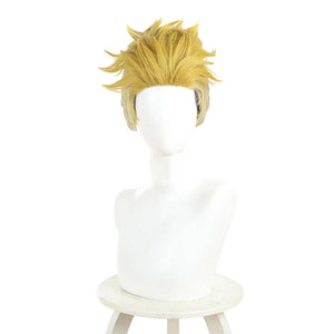 Enjin cosplay wig front view with golden blonde spiky short hair on white mannequin head
