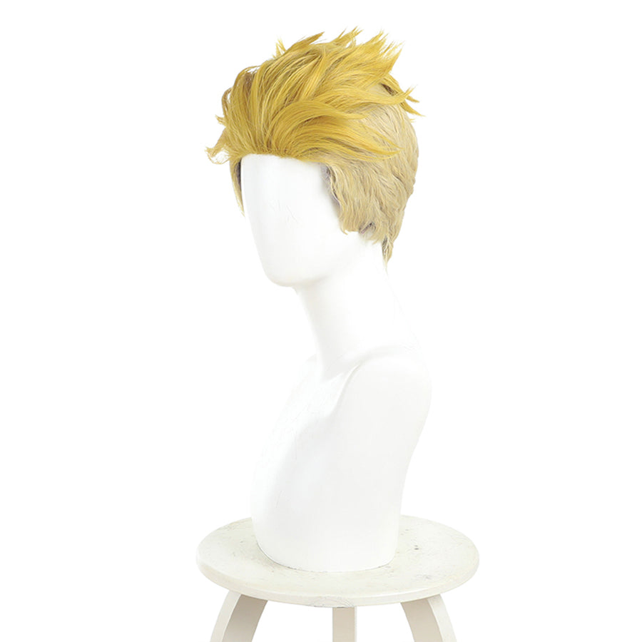 Enjin cosplay wig three-quarter front view showcasing layered golden blonde spiky hairstyle