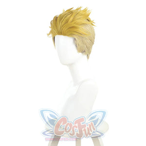 Enjin cosplay wig three-quarter front view showcasing layered golden blonde spiky hairstyle
