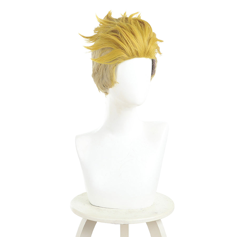 Enjin cosplay wig right side view with golden blonde spikes and visible wig cap details