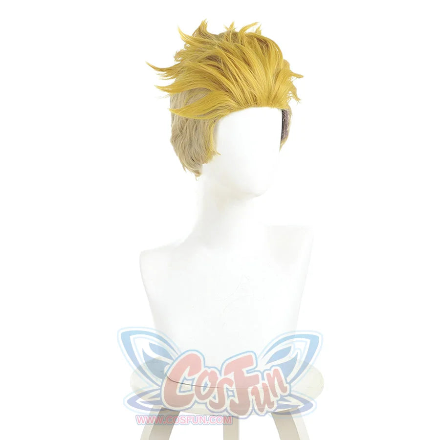 Enjin cosplay wig right side view with golden blonde spikes and visible wig cap details