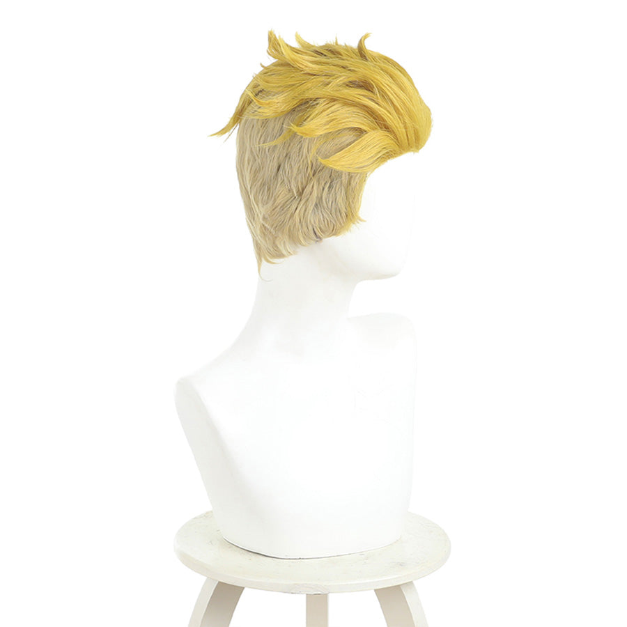 Enjin cosplay wig left side view displaying golden yellow layers and wig cap construction