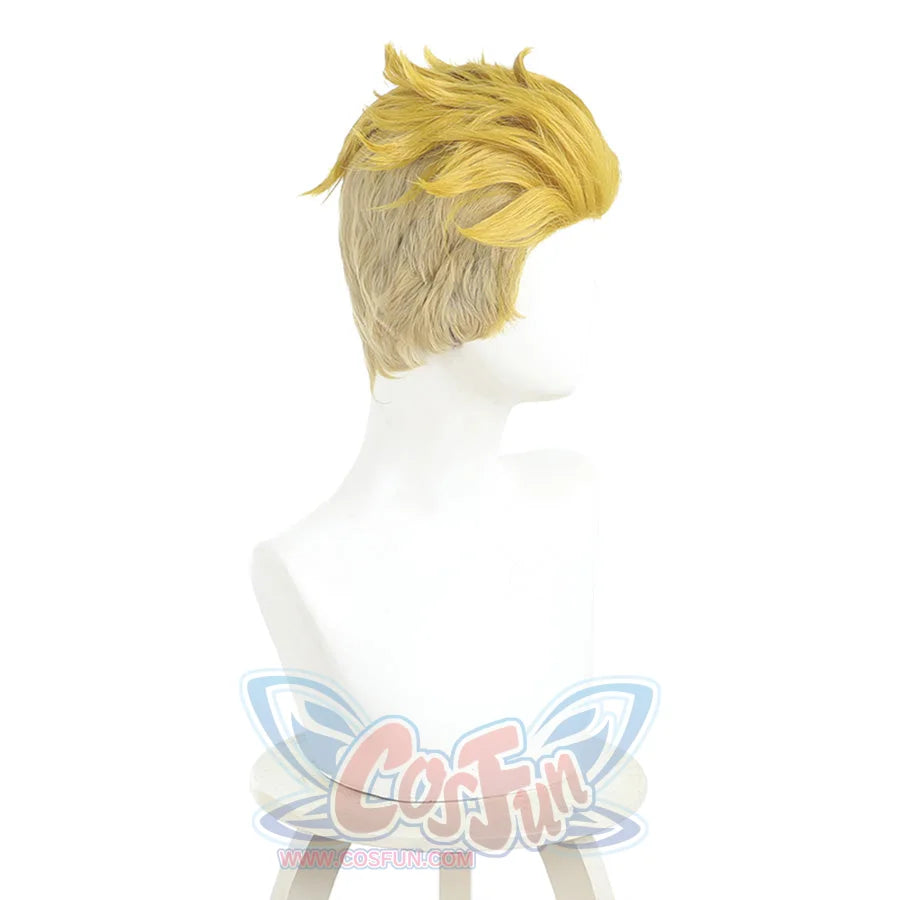 Enjin cosplay wig left side view displaying golden yellow layers and wig cap construction