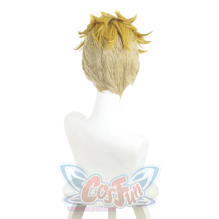 Enjin cosplay wig back view showing golden spiky layers and light-colored wig cap base