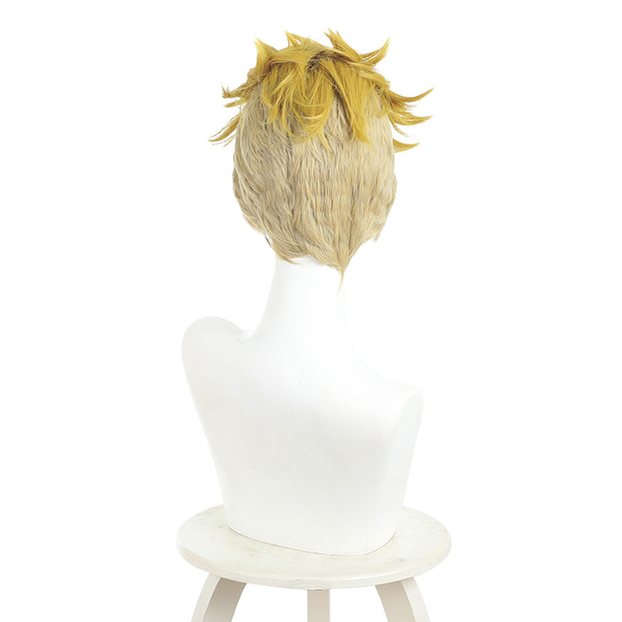 Enjin cosplay wig front view with golden blonde spiky short hair on white mannequin head
