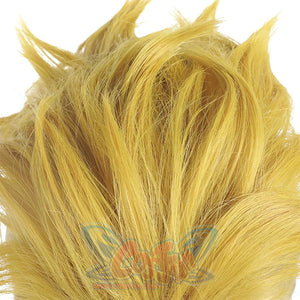 Enjin cosplay wig fiber close-up showing golden blonde hair texture and quality details