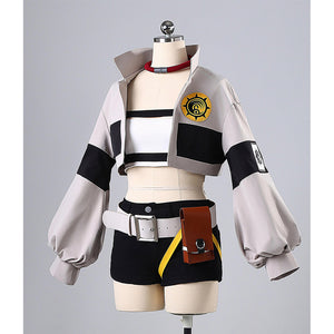 Gachiakuta Riyo cosplay costume three-quarter view showing jacket details and badge accessory