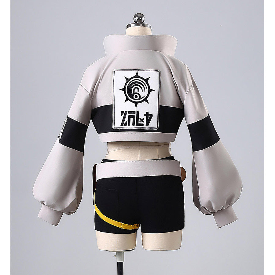 Gachiakuta Riyo cosplay costume back view featuring Japanese emblem and white jacket design