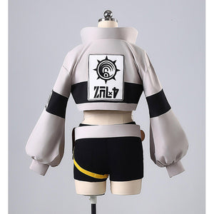 Gachiakuta Riyo cosplay costume back view featuring Japanese emblem and white jacket design