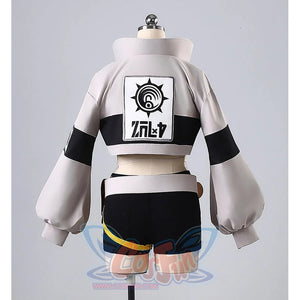 Gachiakuta Riyo cosplay costume back view featuring Japanese emblem and white jacket design