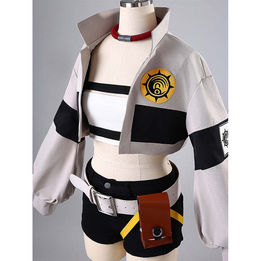 Riyo cosplay costume side detail with golden badge, white collar and brown belt pouch accessory