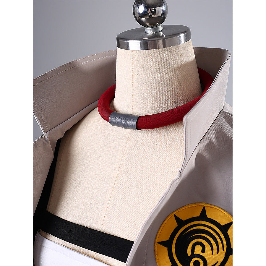 Riyo cosplay costume neck detail close-up with red collar accessory and white jacket texture