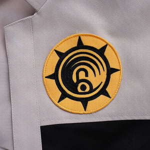 Riyo cosplay costume golden badge patch detail with black spiral embroidery design close-up