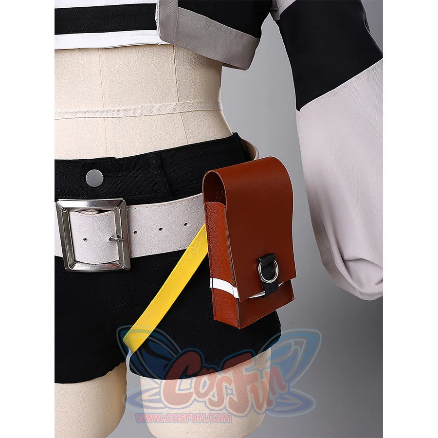 Riyo cosplay costume waist belt detail with brown pouch, yellow strap and white buckle