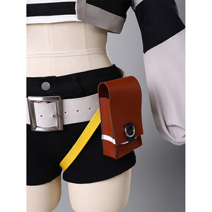 Riyo cosplay costume waist belt detail with brown pouch, yellow strap and white buckle