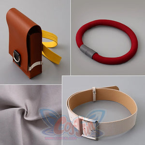 Riyo cosplay costume accessories set including red neck collar, brown pouch and white belt