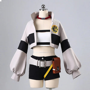 Gachiakuta Riyo cosplay costume full front display with white jacket, black shorts and belt