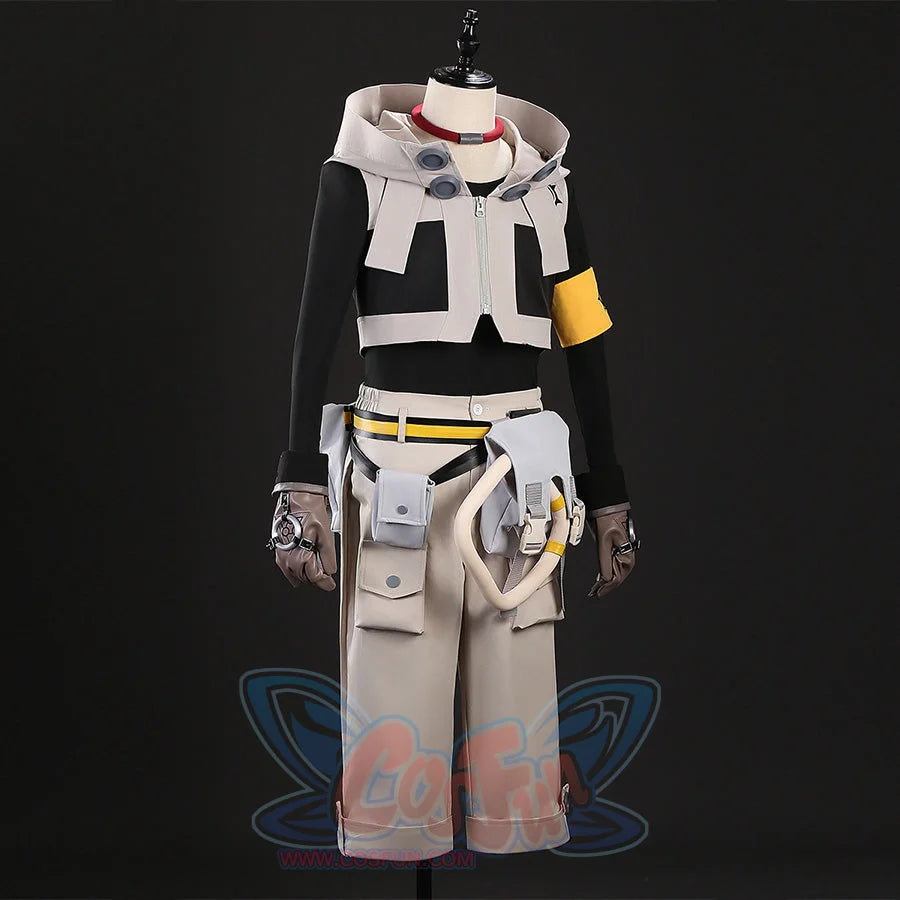 Rudo cosplay costume back view showing jacket, yellow armband, and waist bags