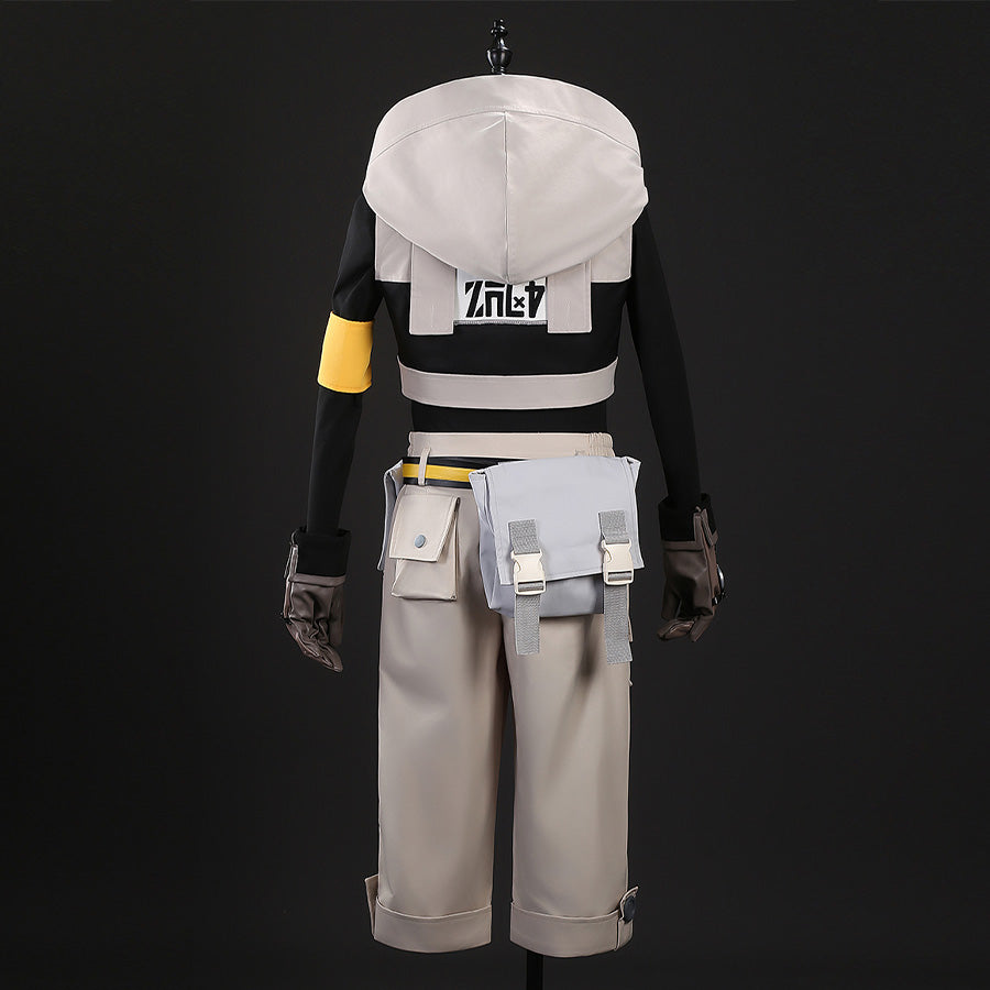 Rudo cosplay costume back detail with hood, printed text, yellow armband and waist bag