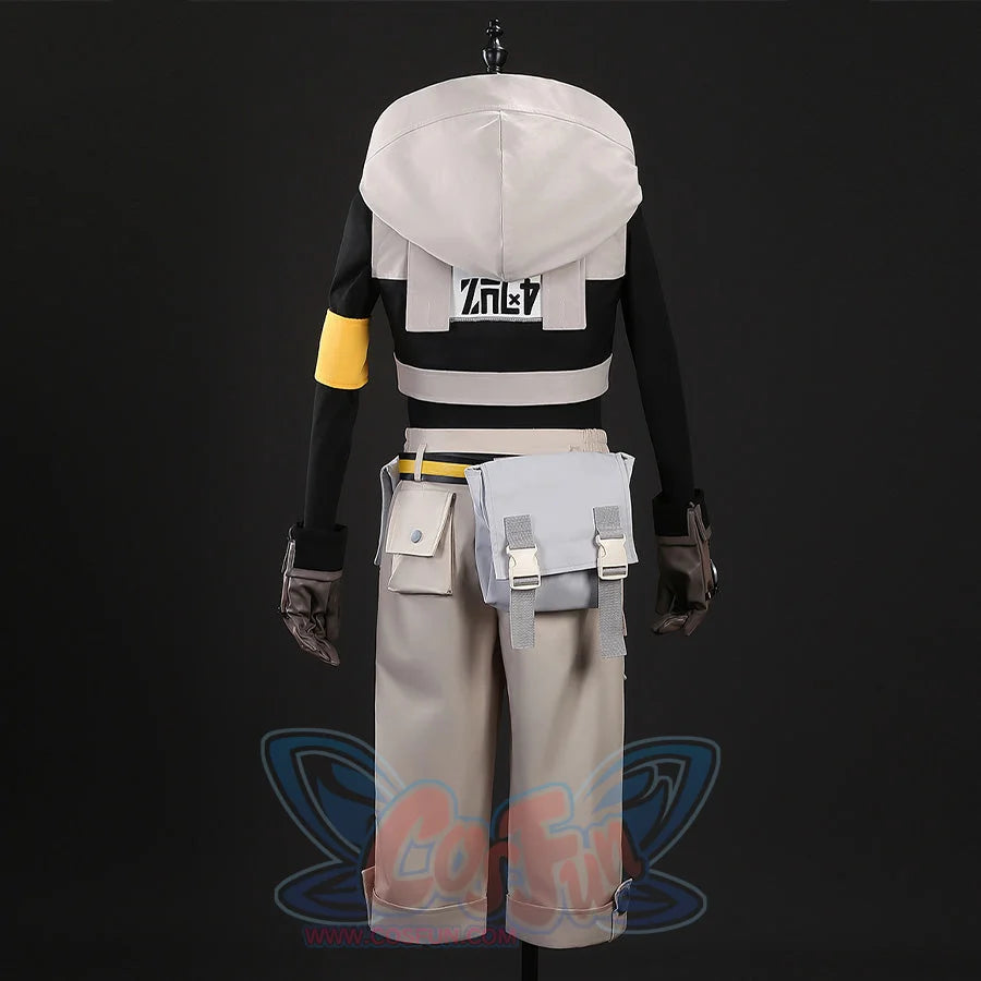 Rudo cosplay costume back detail with hood, printed text, yellow armband and waist bag