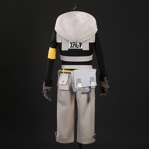 Rudo cosplay costume back detail with hood, printed text, yellow armband and waist bag